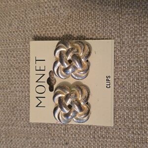 Vintage Monet Square Silver Braided Clip Earrings